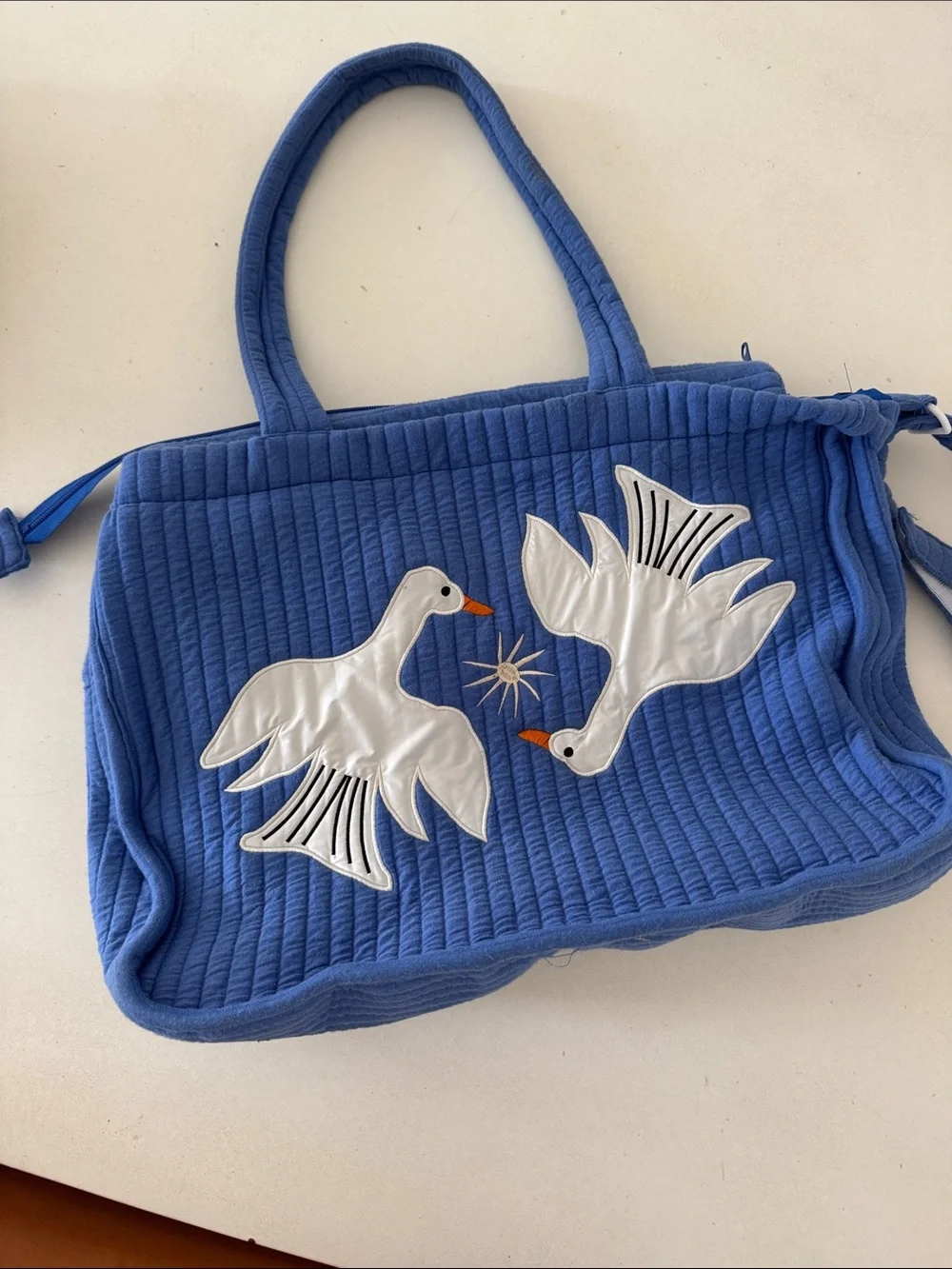 Blue Quilted Tote with White Seagull Appliqués